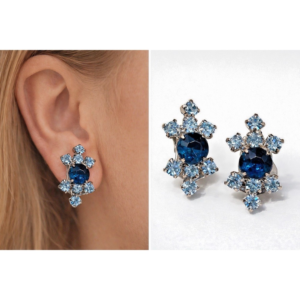 Vintage Blue Rhinestone Cluster Clip On Earrings Silver Tone Mid Century